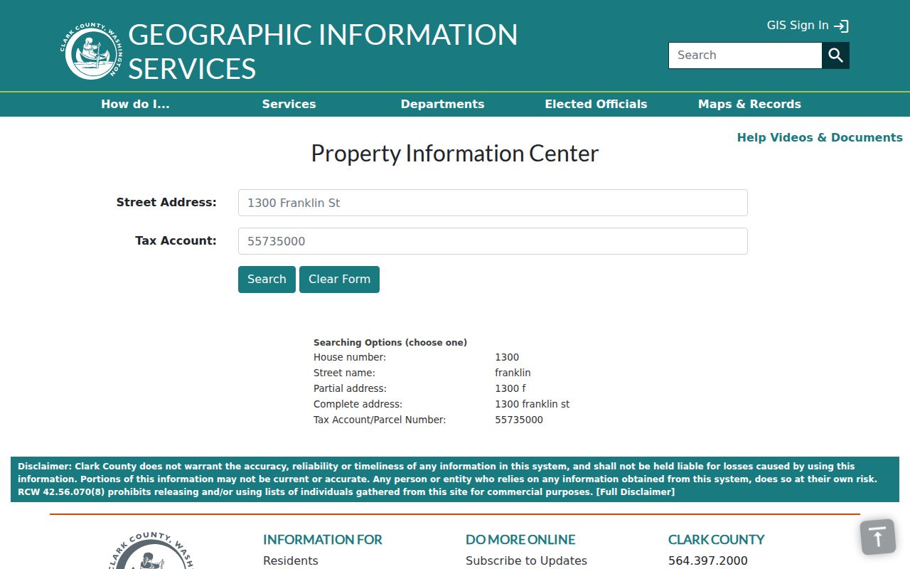 Battle Ground residents directory Property Information Center search